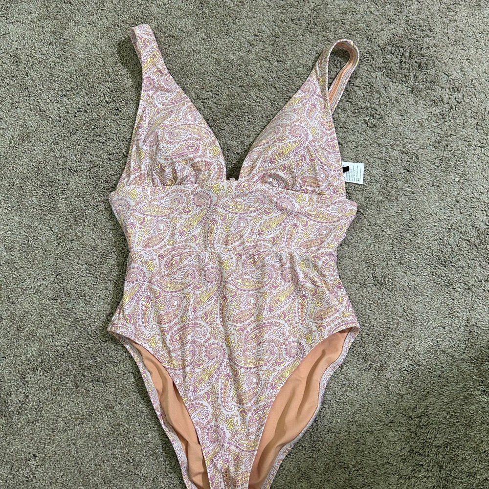J. Crew Cream and Purple One Piece Swimsuit with V-Neckline